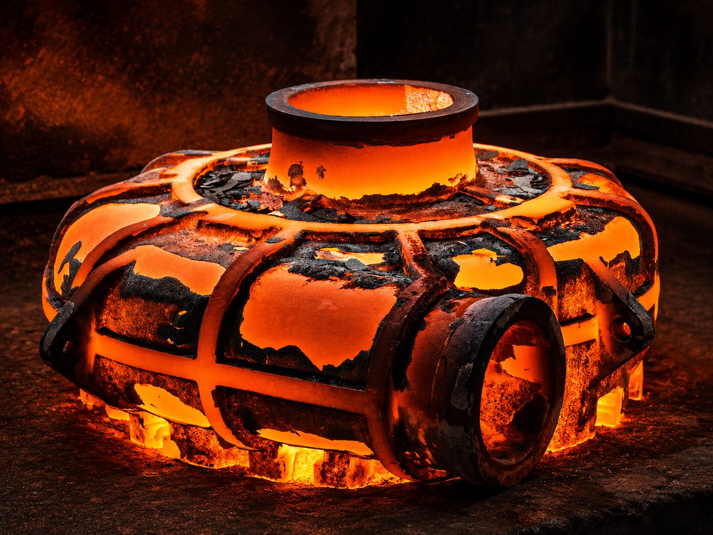 Large industrial metal casting glowing with heat at Knights Foundry in Wadeville